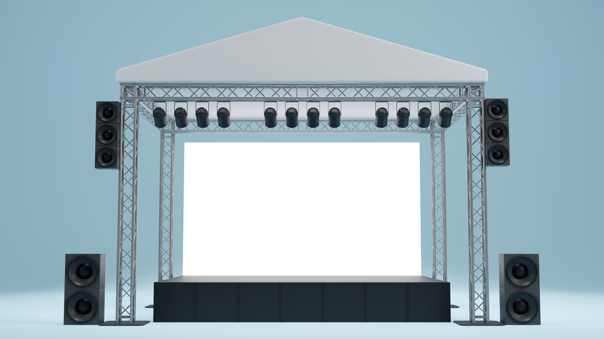 3d rendering of the outdoor event stage design for presentation with light and sound system, concert performance business concept