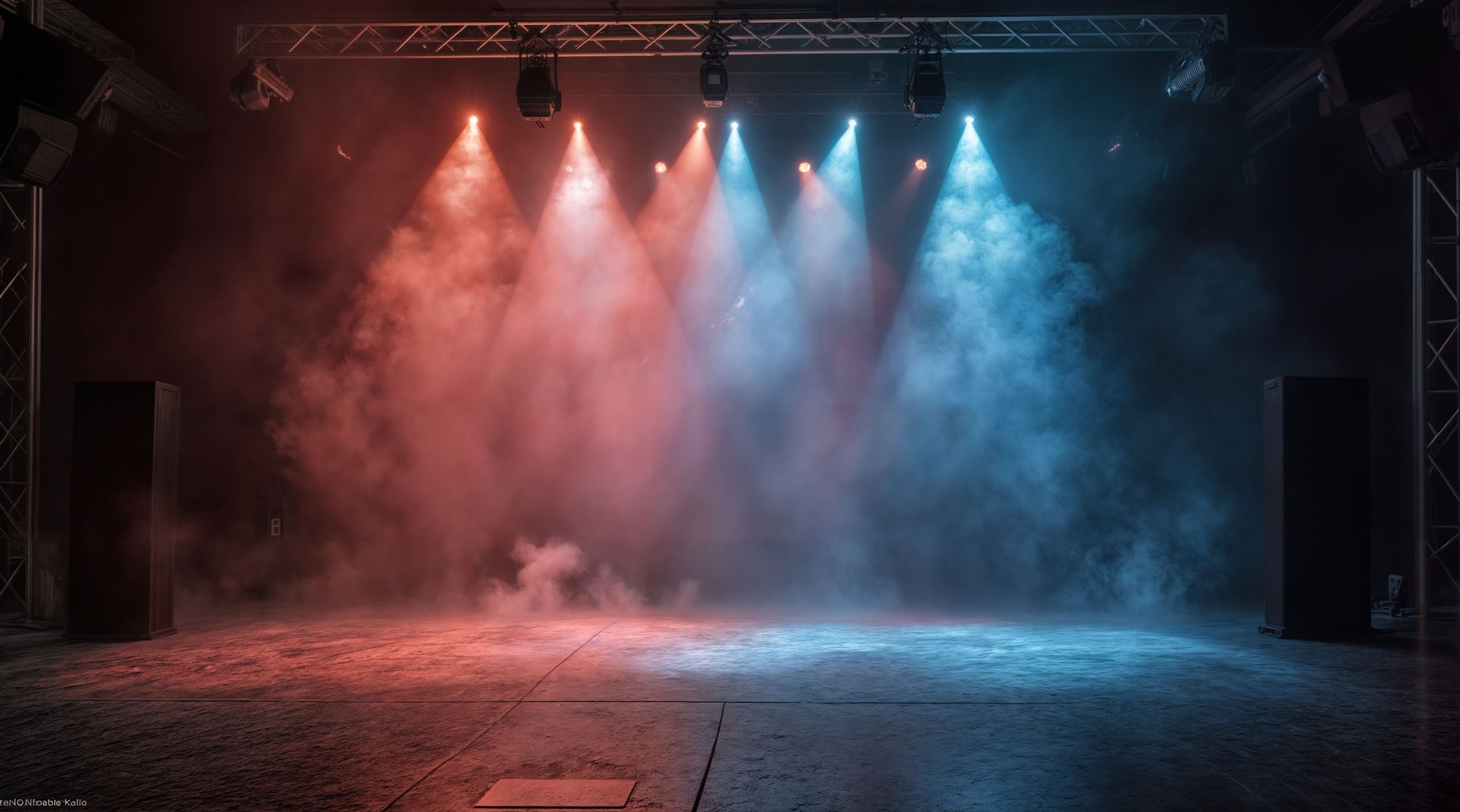 A stage with blue and red lights and smoke.